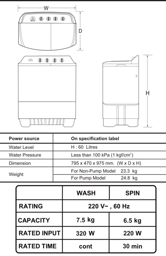 LG Washing Machine Manual 7.5KG, TV & Home Appliances, Washing Machines
