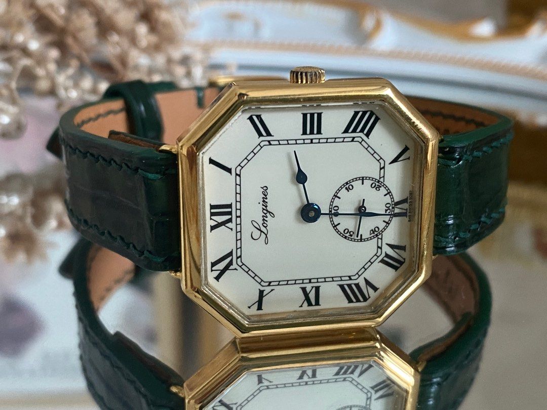 Longines Octagon Vintage Wrist Watch Very Rare Hand Manual Self Winding Green Strap Mechanical Newly Gold Plated Roman Dial