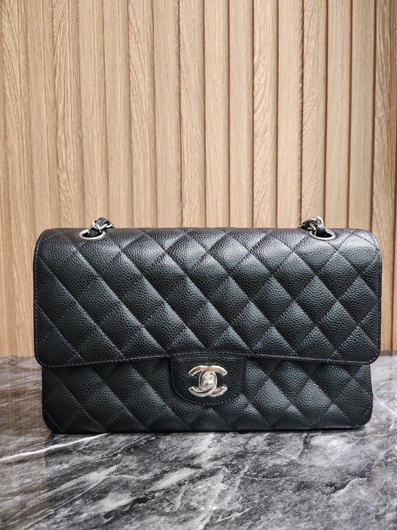 Like New* Chanel Medium Classic double flap Bag Black Caviar with Silver  Hardware , Luxury, Bags & Wallets on Carousell