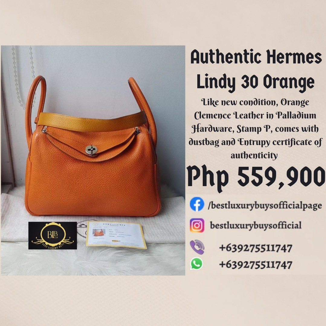 Onhand Authentic Hermes Lindy 30 Orange Shoulder Bag wi/ Entrupy