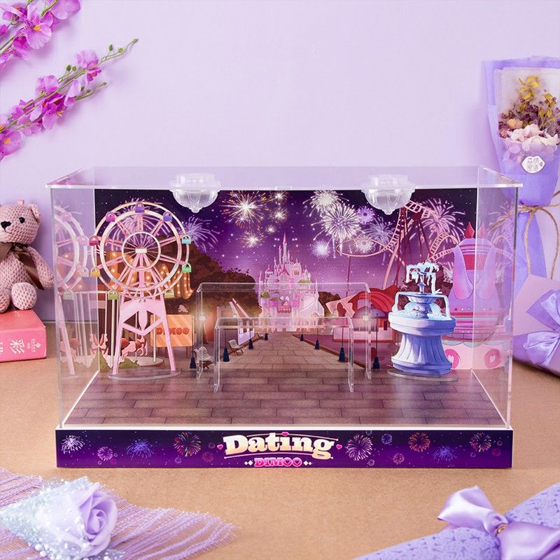 [POPMART DISPLAY CASE] POPMART DIMOO DATING SERIES HIGH QUALITY THEMED  DISPLAY CASE DISPLAY BOX 37.5X19x24CM WITH PROPS AND LED LIGHTS