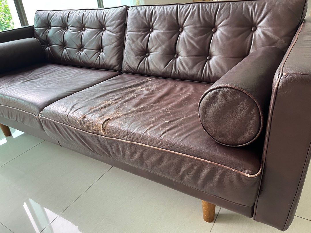 Preloved Leather Sofa (3 seaters), Furniture & Home Living, Furniture