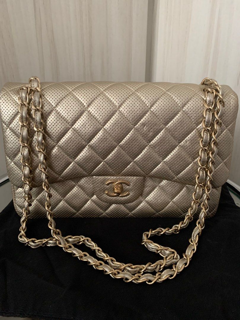 Rare Find! Chanel Gold Quilted Perforated Jumbo, Luxury, Bags & Wallets on  Carousell