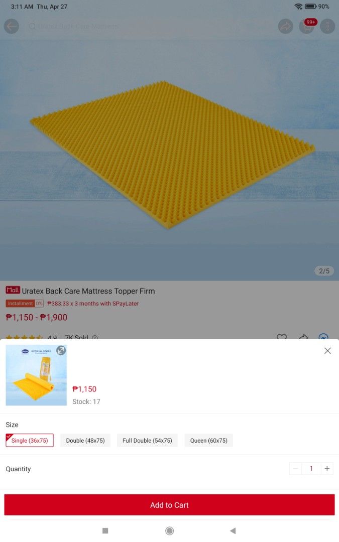 Uratex Back care Bio Aire Egg Mattress topper firm Anti bed sore Single