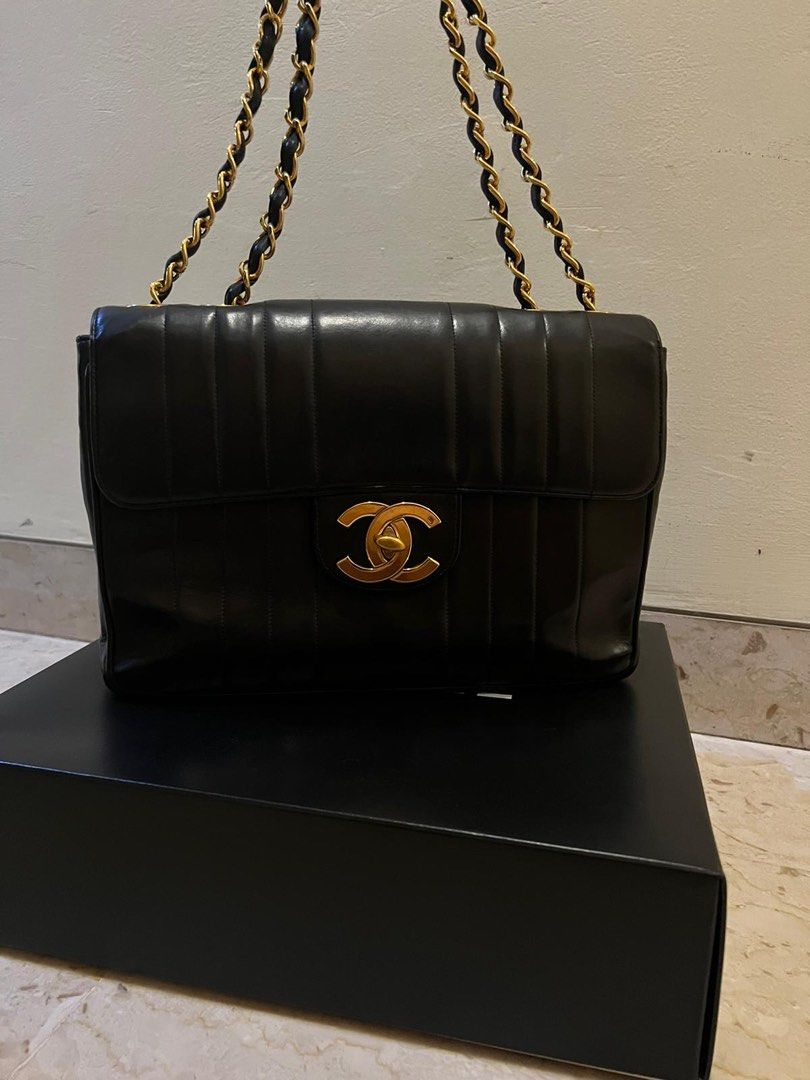Vintage Chanel Mademoiselle Jumbo Single Flap Black Lambskin Gold Hardware  in 2023