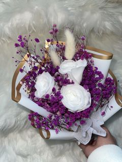 White Roses With Purple Baby Breath, Furniture & Home Living, Home Decor,  Artificial Plants & Flowers On Carousell