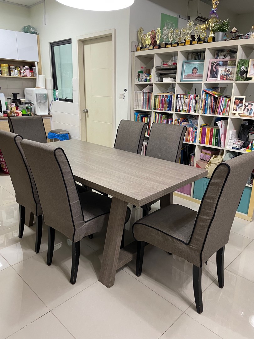 7ft dining table with 6 cushioned dining chairs, Furniture & Home