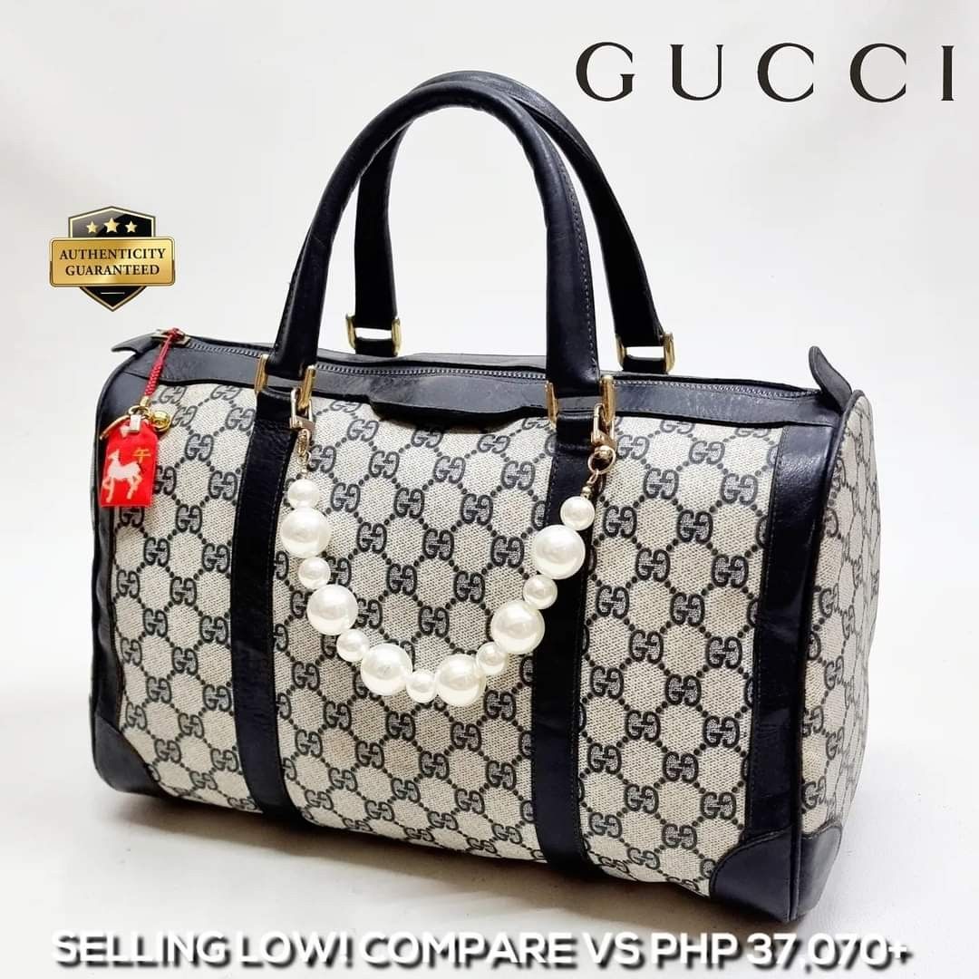 Vintage Gucci Monogram Boston Speedy Handbag Navy Blue Red