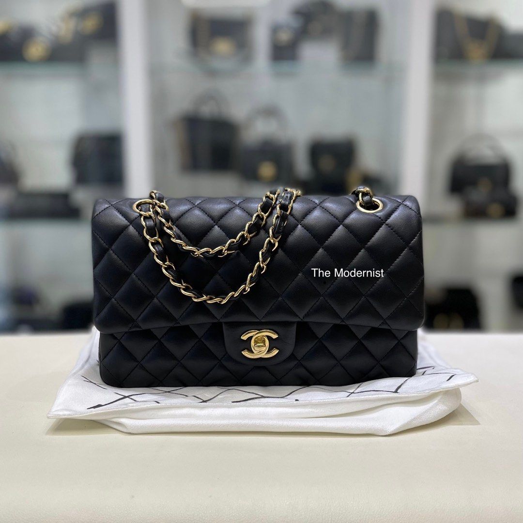 Authentic Chanel Medium Double Flap Black Quilted Lambskin Gold