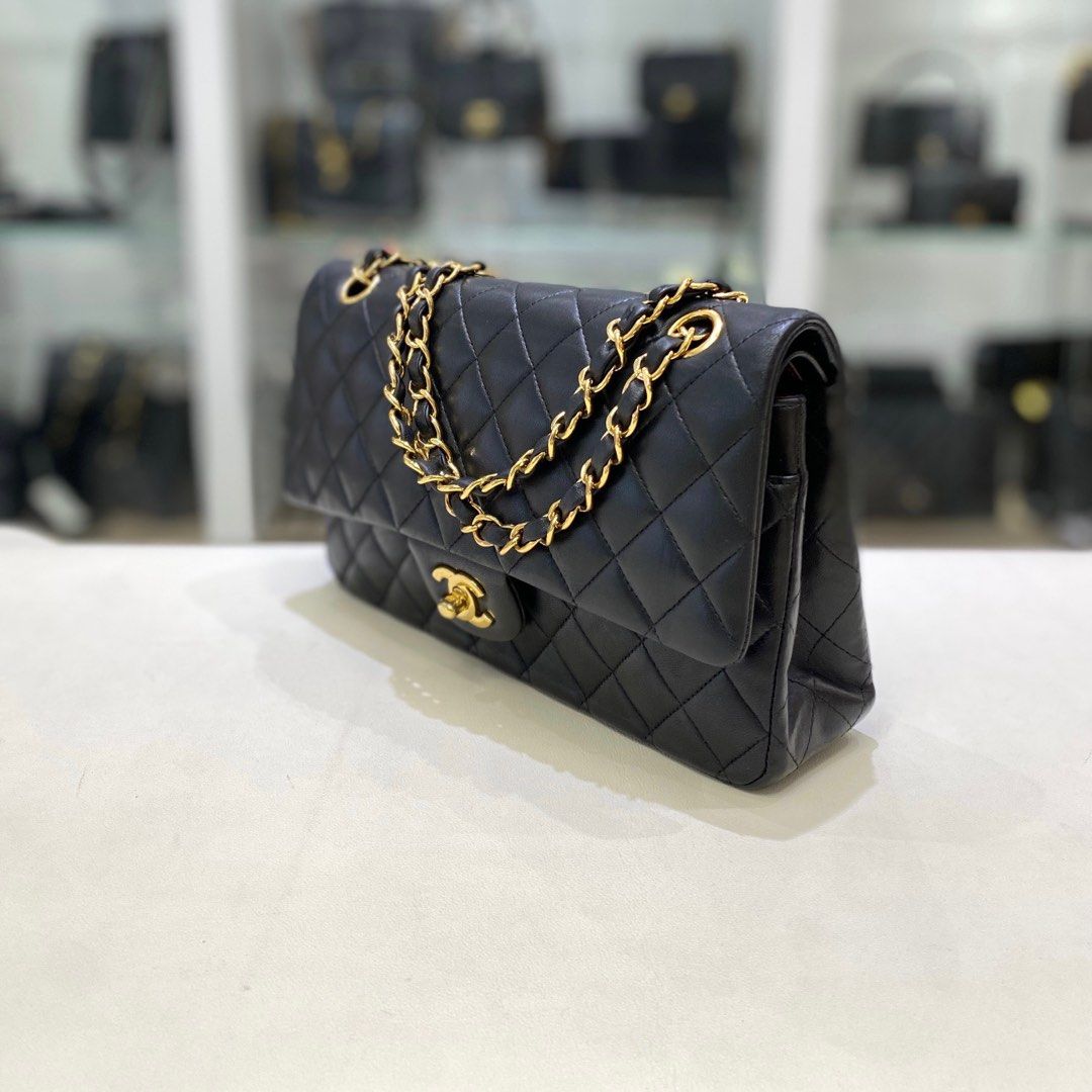 Authentic Chanel Medium Flap Bag Black Lambskin Gold Hardware