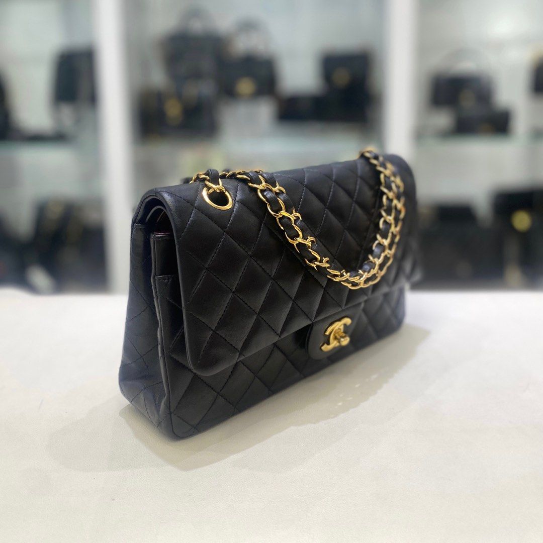 Authentic Chanel Medium Flap Bag Black Lambskin Gold Hardware