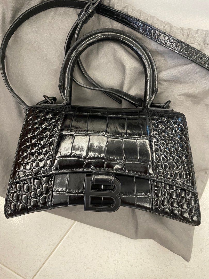 BALENCIAGA Calfskin Crocodile Embossed Hourglass Top Handle Bag XS