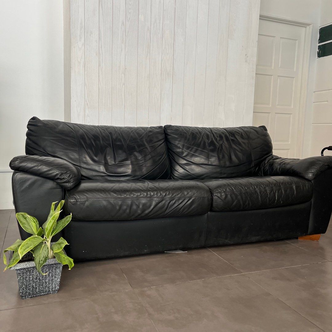 Black Leather Pull Out Sofa Bed Couch good quality real leather