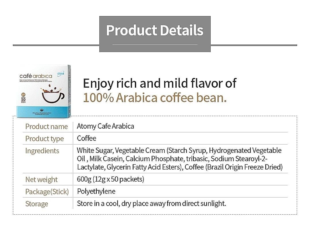 Cafe Arabica (Category: Other Food & Drinks) located in Davao. Submitted by mariepres (Listing ID 1228877311, Image 2). Description: Atomy's Cafe Arabica coffee is more than just a beverage – it's a sensory experience. From the first whiff of its tantalizing aroma to the last sip of its smooth flavor, it's sure to delight your senses. Don't wait, ORDER NOW and experience it for yourself! 1 box (50 sticks).