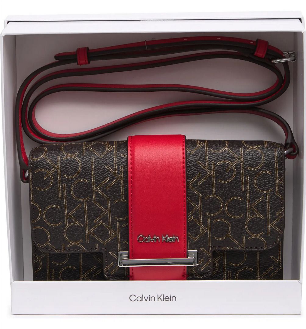 CALVIN KLEIN CK BROWN KHAKI SALSA RED LOGO PRINTED CROSSBODY SLING