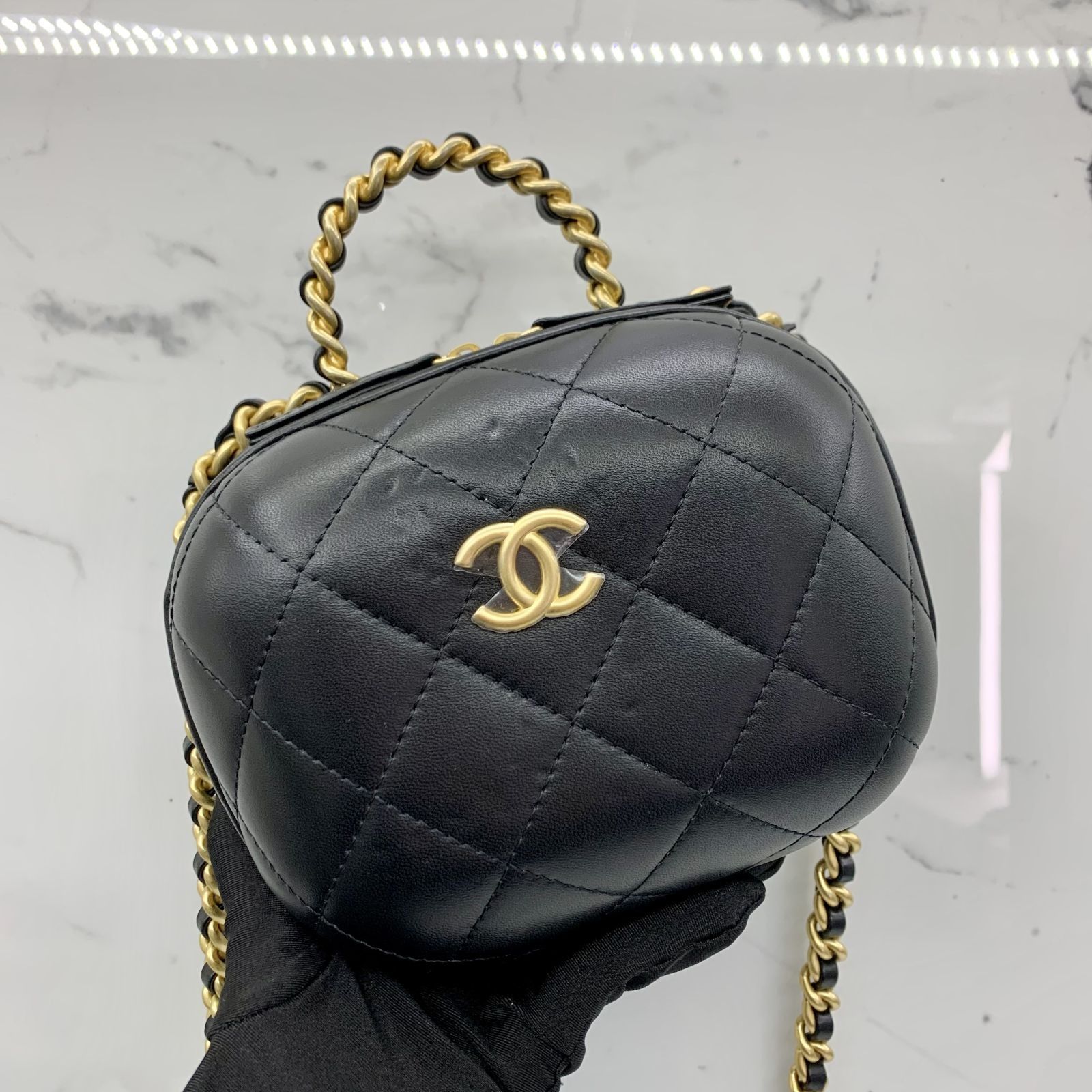 Authentic Chanel Round Sling Bag, Navy Camellia, Silver Hardware