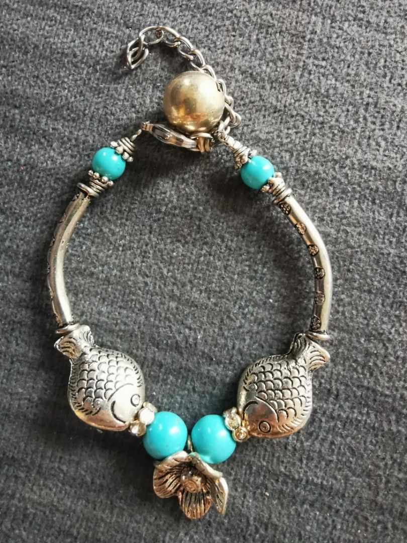 Cute unique Tibetan turquoise fish and flower bracelet