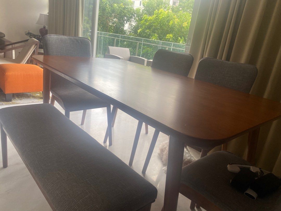 Dining Table Set (Category: Tables & Sets) located in Singapore. Submitted by sandhkap (Listing ID 1228813132, Image 1). Description: Selling dining table set with 4 chairs and a bench. .