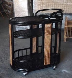 Export Quality Native Rattan Solihiya Bar Cart Kitchen Cart Shelf Storage Trolley Rack Organizer with Wheels