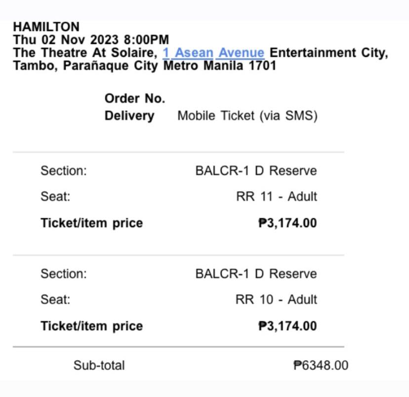 HAMILTON in Manila (2) Tickets, Tickets & Vouchers, Event Tickets on