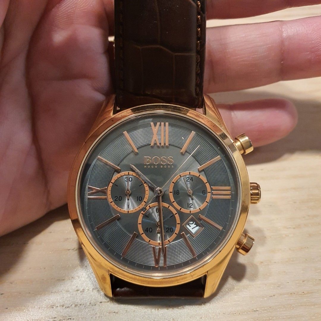 Hugo Boss Dress Watch Rose Gold Brown Leather Strip Luxury
