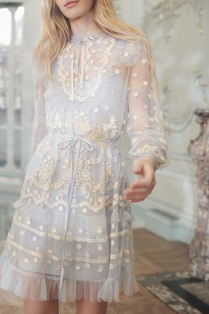 Needle Thread Flapper embroidered lace tulle dress in blue