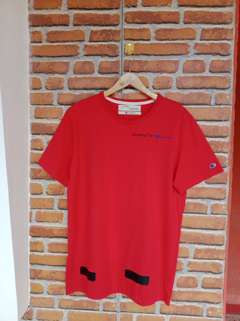 Offwhite x Champion Red Diagonal Tee Shirt Collab Original Fesyen Pria Pakaian Atasan di Carousell