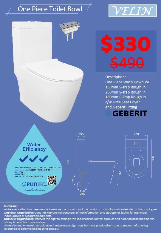 PUB Approved SG Local Seller Instock Velin One Piece Toilet Bowl