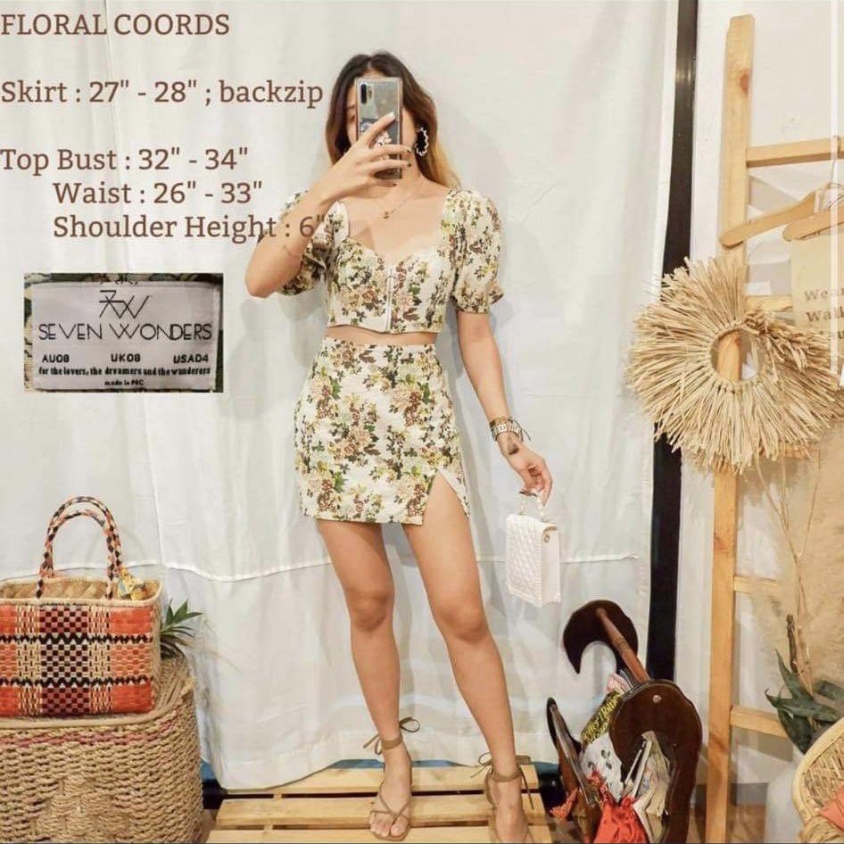 Sexy Floral Coordinates (FREE SHIPPING) (Category: Sets or Coordinates) located in Calasiao. Submitted by allysonbauts (Listing ID 1228845673, Image 1). Description: Sexy floral coordinates: crop top short sleeve top and side slit skirt. Again, magandang klase ng tela at matibay. Message for more info..
