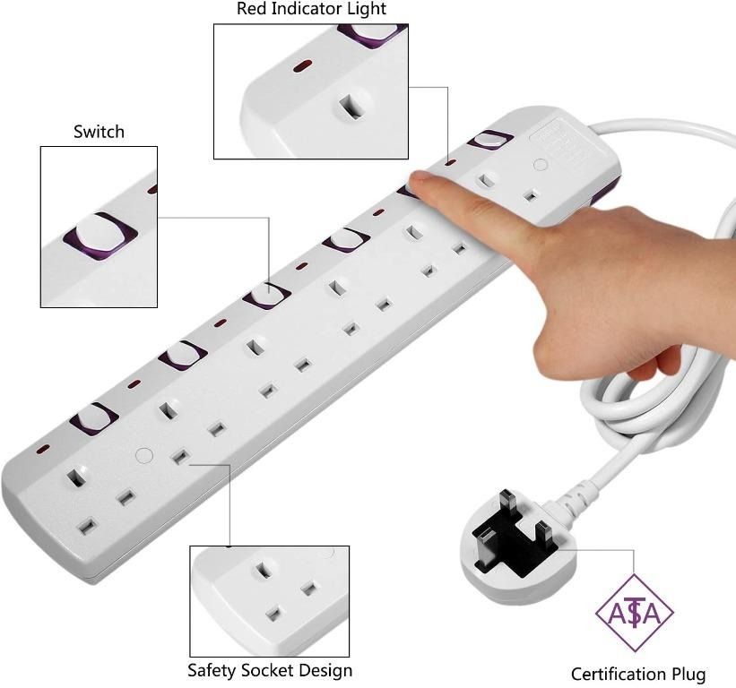 TISDLIP Power Strip with Individual Switches MultiSockets 6 Gang 1.8M