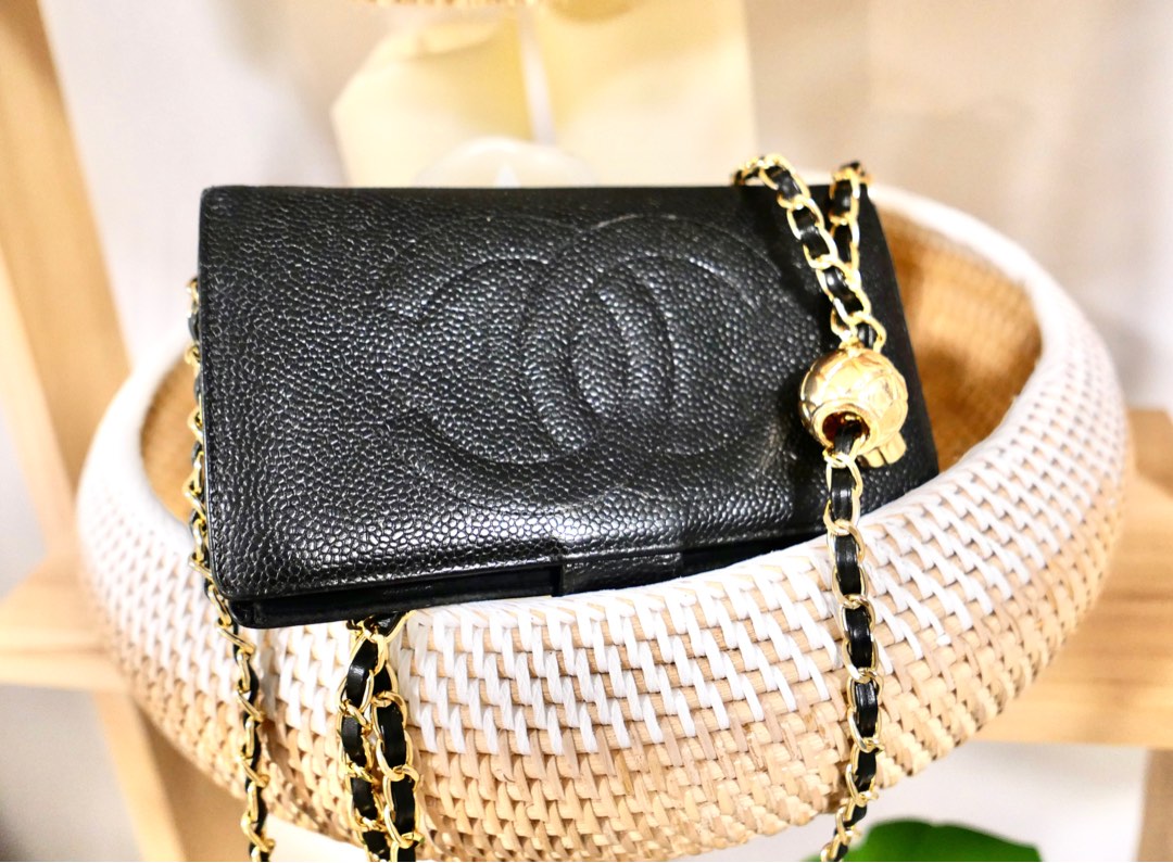 Chanel Vintage Chanel Black Caviar Leather CC Logo Long Wallet