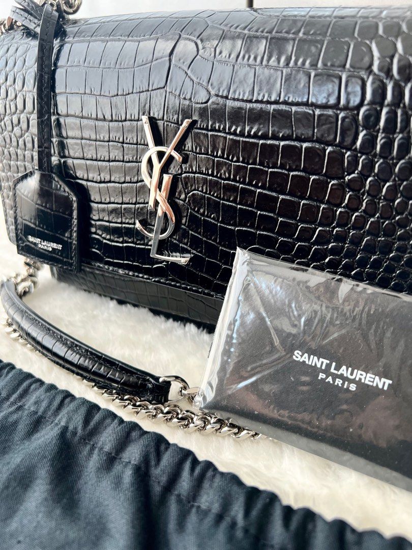 YSL SUNSET MEDIUM SILVER TONED METAL HARDWARE IN CROCODILE EMBOSSED SHINY LEATHER