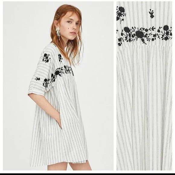 Zara Linen Blend Dress with Embroidery Details, Women's Fashion