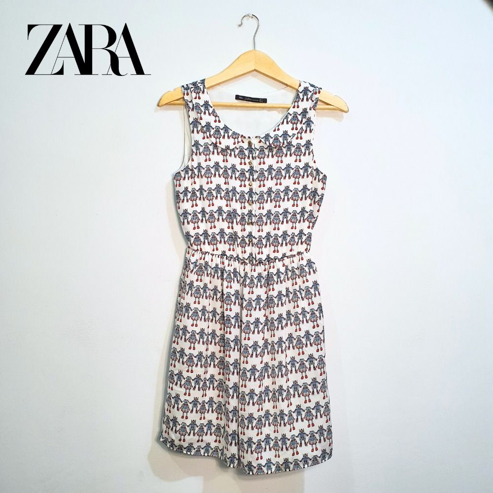 Zara Mini Dress Satin Putih Motif Robot Trafaluc Collection, Fesyen Wanita,  Pakaian Wanita, Gaun & Rok di Carousell
