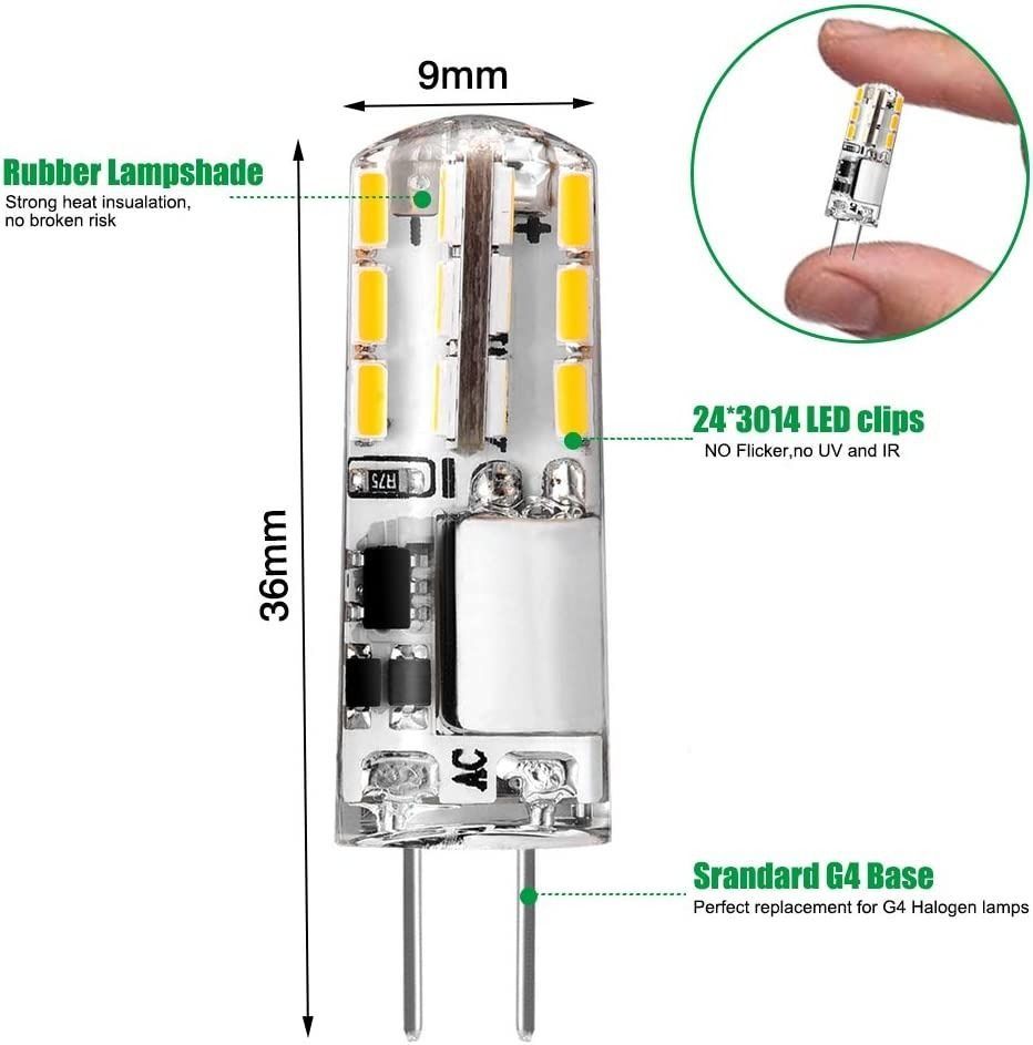 3722] 10Pack Maglasty G4 LED Bulbs, 1.5W 12V Mini Capsule Light Bulb AC/DC  (20W Halogen G4 Lamp Equivalent), Bi-Pin Base JC Type Non-dimmable (6000K  Cold White), Furniture & Home Living, Lighting 