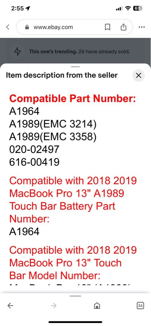 A1964 Battery for Mac book Pro 13” A1989 Mid 2018 2019 (Category: Computer Parts) located in Manila. Submitted by bellmore (Listing ID 1229044758, Image 3). Description: A1964 Battery for Mac book Pro 13” A1989 Mid 2018 2019 Condition; Brandnew Battery Type: Lithium-Ion (Li-Ion) Capacity : 5086mAh Replace Battery Part Numbers: A1964 Fit Laptop Models: MB Pro 13” A1989 Mid 2018 2019.