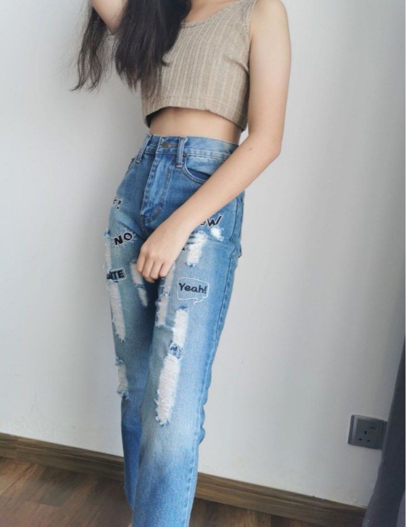 BRAND NEW ripped denim jeans with patches and brown sleeveless crop top
