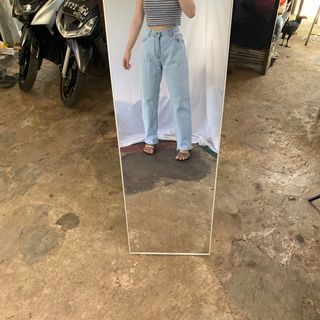 Celana Boyfriend Highwaist Jeans Light Blue Unfinished Cut Korean Denim Pants