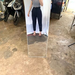 Celana Zara Navy Ruffle Belt Tied Highwaist Korean Office Pants