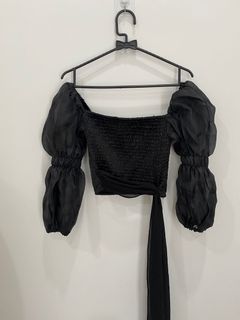 Coma label black crop top sheer sabrina off shoulder comalabel