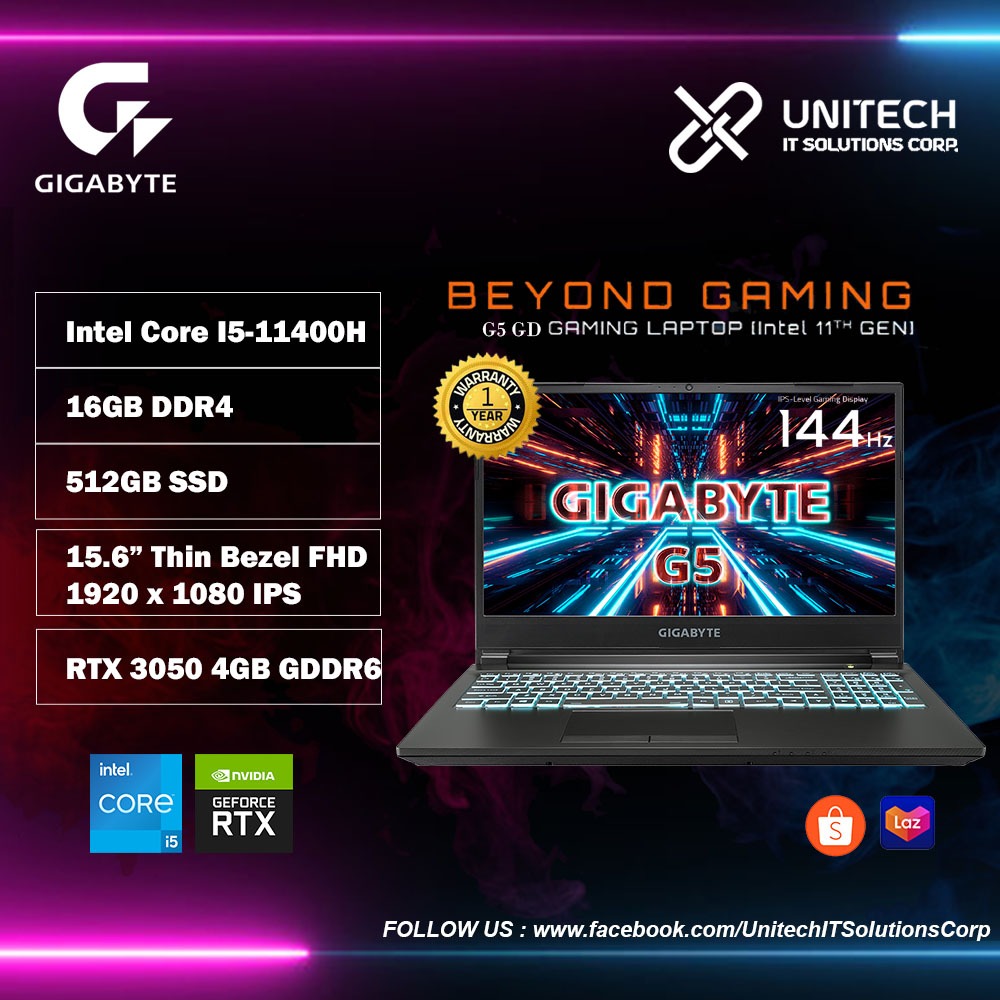 GIGABYTE G5 GD GAMING LAPTOP / I5 11400H/ 16GB DDR4 3200 MEMORY/ 512GB