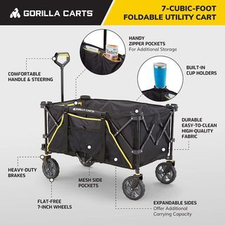 Gorilla Carts 7 Cubic Feet Foldable Collapsible Durable All Terrain Utility Pull Beach Wagon with Oversized Bed and Built in Cup Holders, Black