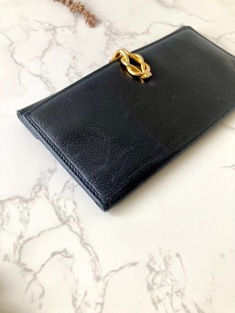 Gucci vintage black x gold classic knot leather long wallet 黑色金