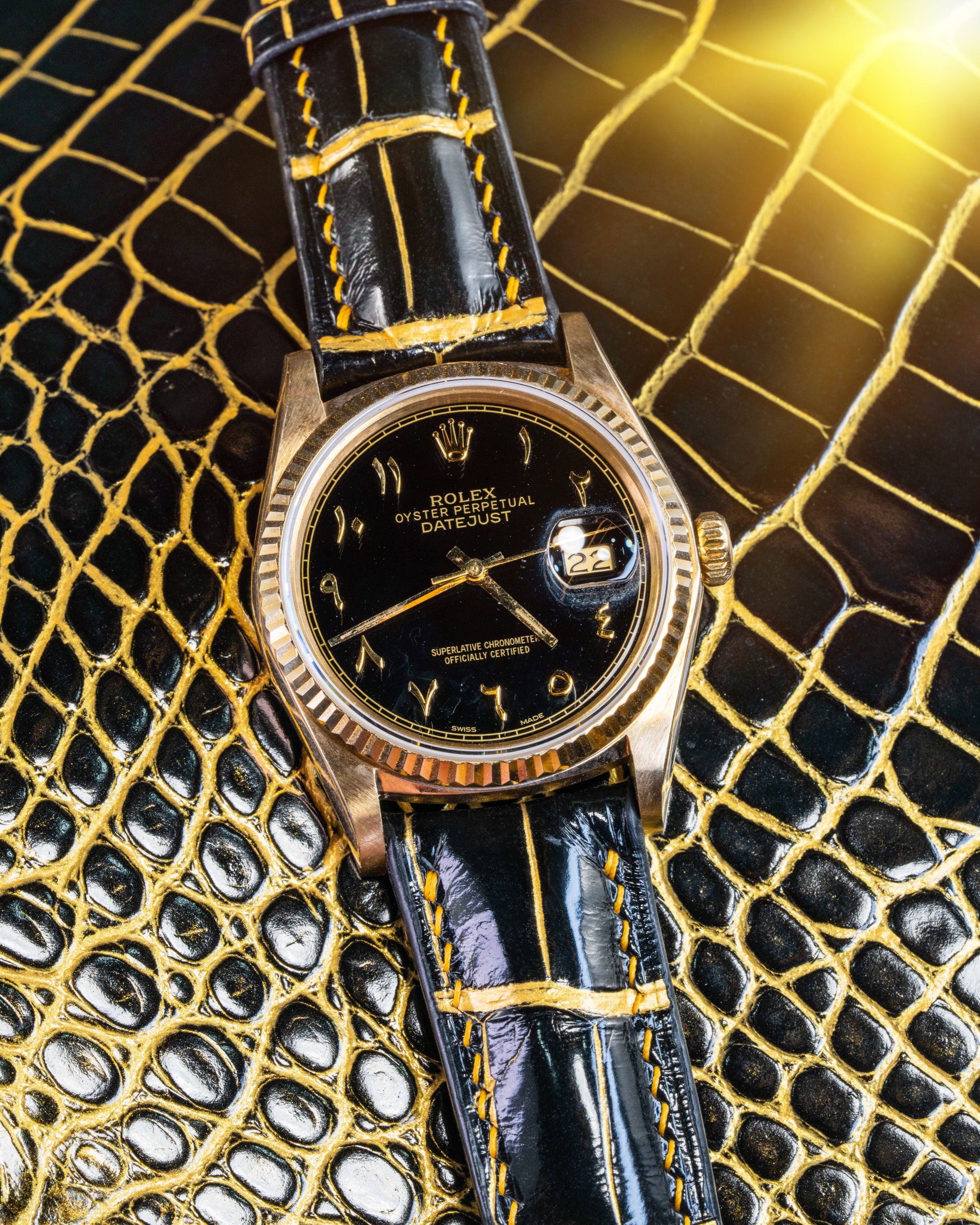 Gold datejust leather on sale strap