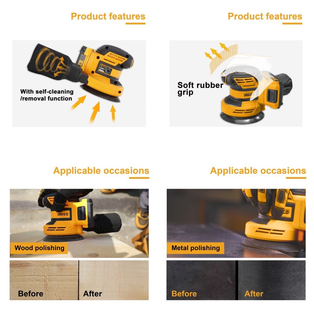 INGCO Orbit Sander + Battery + Fast Intelligent Charger, Furniture