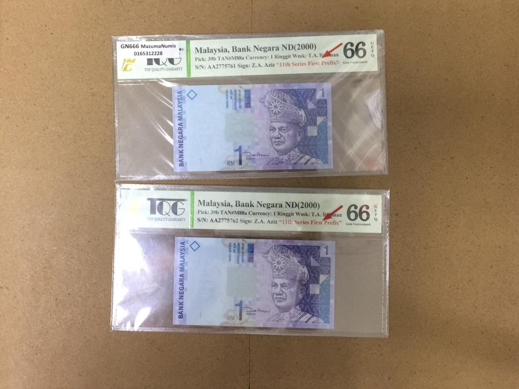 Mazuma GN666 TQG/PMG Malaysia 11th $1 S/N AA2775761-62 First Prefix 66 ...