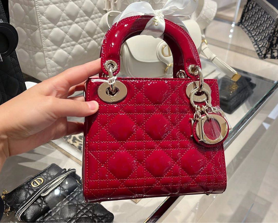 Brand new  Mini Lady Dior handbag with strap in cherry red patent leather  at 1stDibs