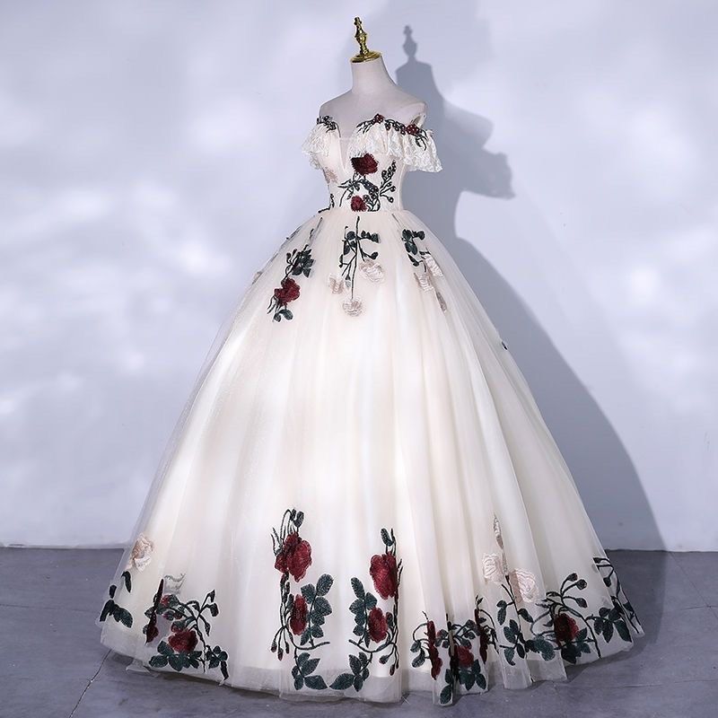 PO Embroidered Flower Off Shoulder Gown Prom Dress Wedding Dress