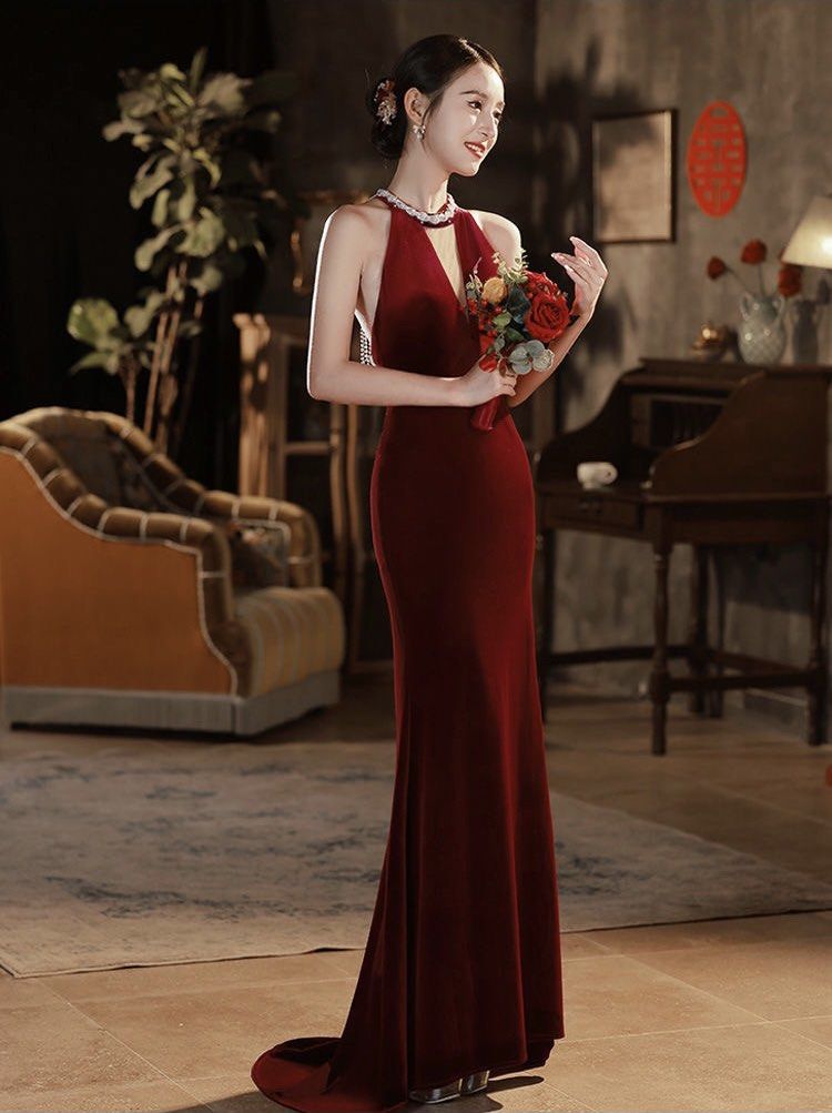 Red backless evening gown sale