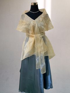 Premium Spanish Alampay Waist Coat Wrap Around & Dusty Blue Satin Silk Skirt Modern Filipiniana Set